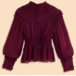 Farm Rio Ruffle High Neck Blouse Burgundy NWOT